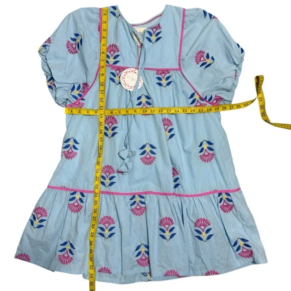 Umgee Retro Mod Blue Floral Embroidered Babydoll Dress Size Small - Picture 6 of 8